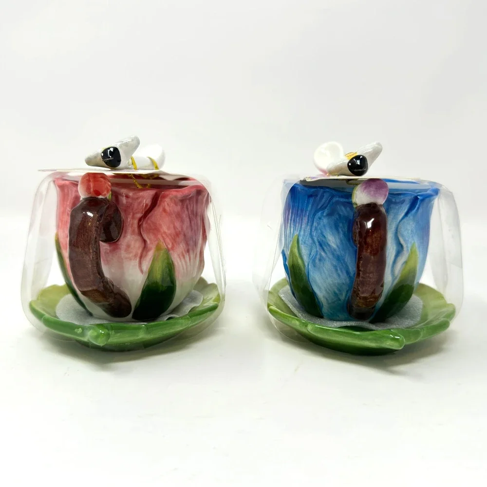 Set of 2 CornerRuby Garden Collection Teacups + Saucer Spoon Blue Red New *Read